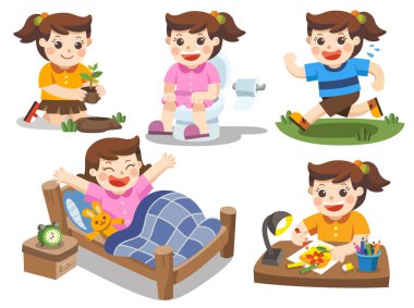 Beyaz bir arka plan üzerinde şirin bir kız günlük rutin. 