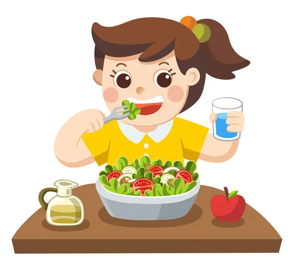 Little Girl Happy Eat Salad She Love Vegetables — Stock Vector