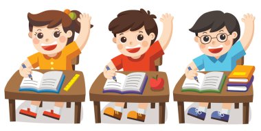 Cevaplamak için okul masası ve el oturan çocuk. Öğrenci el sınıf yetiştirme.