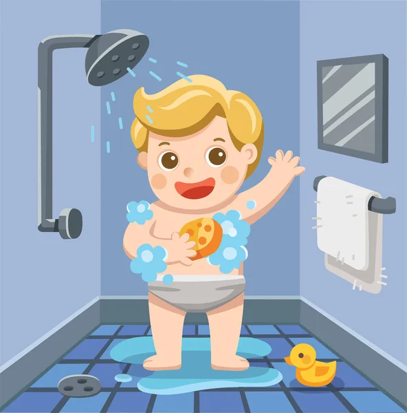 Illustration Baby Boy Taking Shower Bathroom Lot Soap Lather Rubber — Stockvector