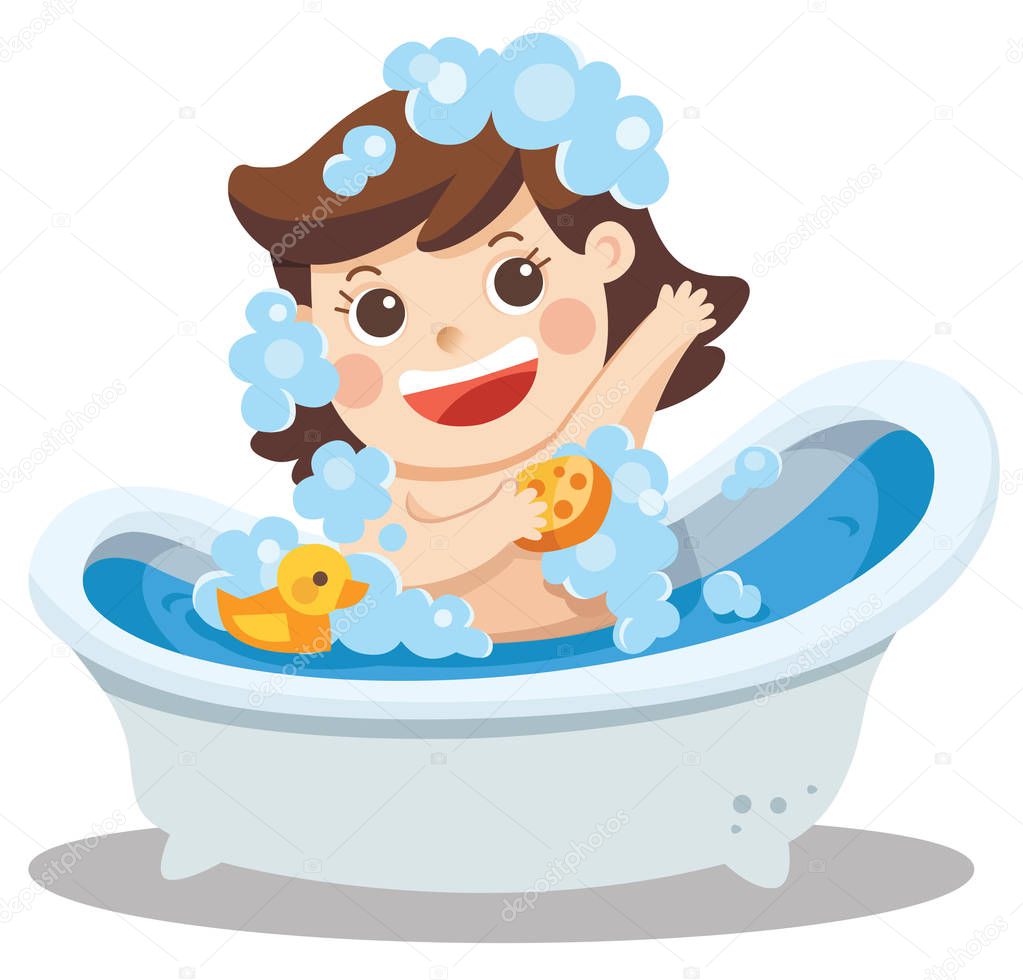 A baby girl taking a bath in bathtub with lot of soap lather and rubber duck.
