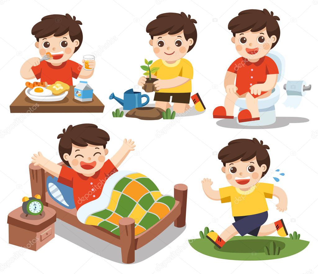 Isolated vector. The daily routine of a cute boy on a white background.