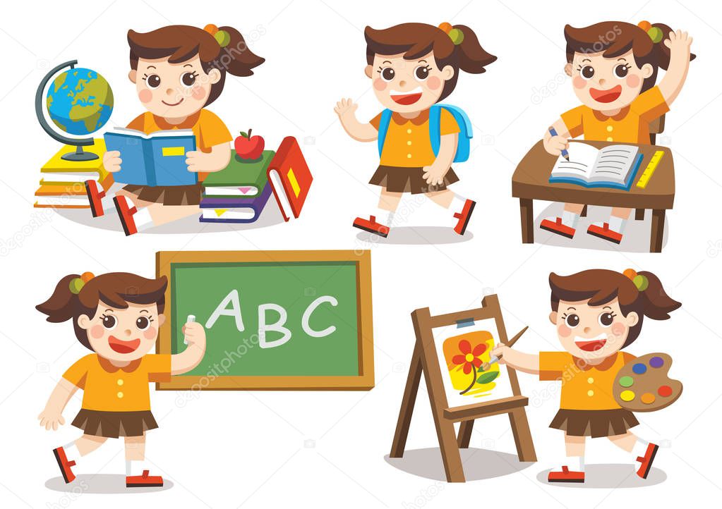 Isolated vector. Back to School. Cute children have fun and sitting at school desk and hand up to answer in class. A cute girl look up with interest and reading.