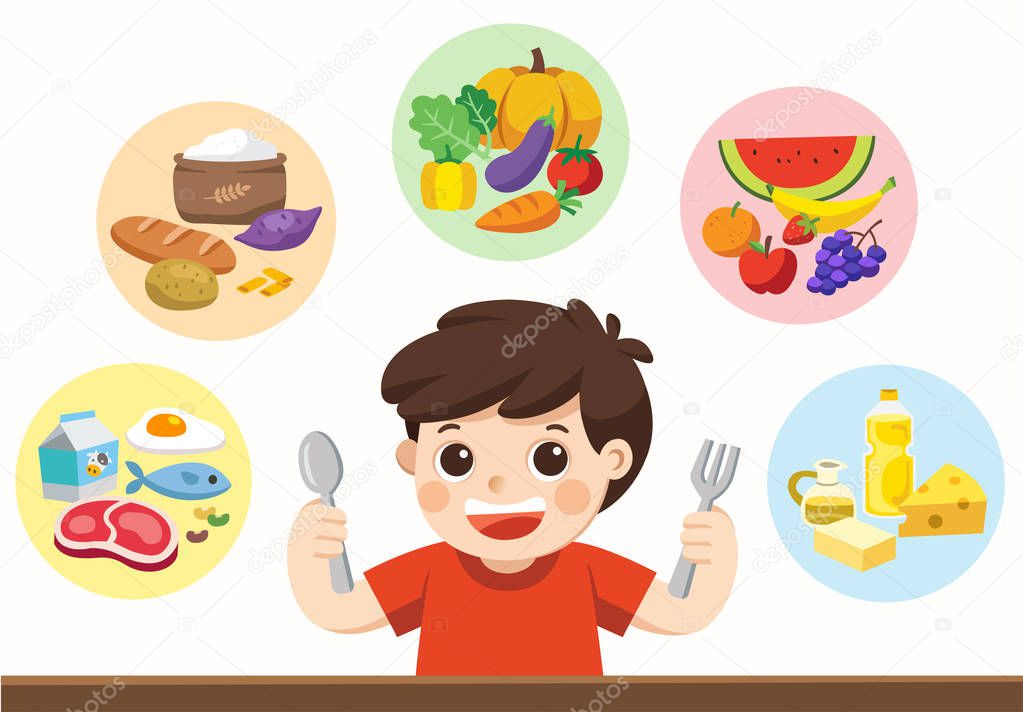 Isolated vector. A cute boy with The five food group. Let's get something to eat!