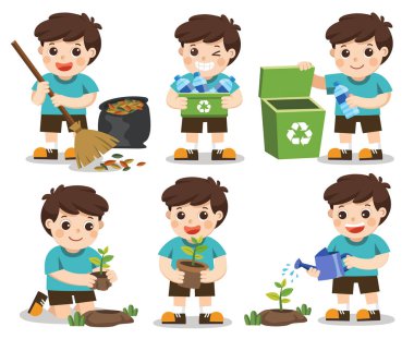 İzole vektör. Hoş çocuk kümesi. Dünya'yı kurtar. Atık geri dönüşüm. Genç ağaçlar sulama ve ekili kızlar. O çöp ve plastik atık geri dönüşüm için topluyor.