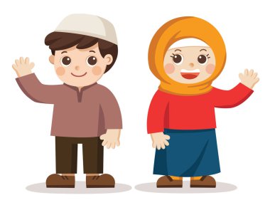 İzole vektör. Müslüman çocuklara selam söyle. mutlu görünüyorlar.