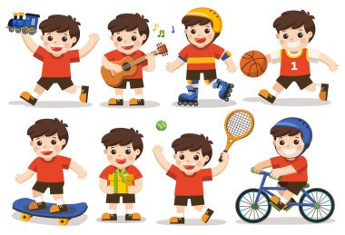 İzole vektör. bir çocuk etkinlik kümesi: hoş çocuk oyuncakları ile oynarken. Oyun basketbol, spor dahil olmak üzere spor, tenis, Bisiklet, paten inişli çıkışlı. Gitar çalmak ve mutlu bir şekilde şarkı. Mevcut holding.