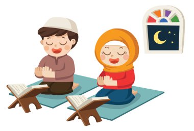 İzole vektör. Müslüman çocuklar Kur'an (İslam'ın kutsal kitabı) okuma ve dua odası.