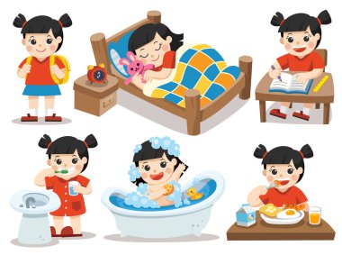 İzole vektör. Asian Kız beyaz bir arka plan üzerinde günlük rutin.