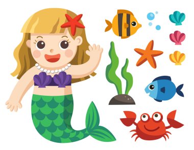 Deniz altındaki koleksiyon kümesi. Deniz kızları ve beyaz zemin üzerine deniz hayvanları