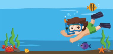 Okyanusun altında balık ile dalış küçük bir çocuk. Reklam broşürü için şablon.