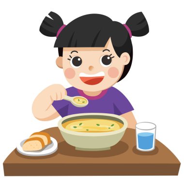  Küçük kız spagetti çatal ile plaka yemek mutlu. Asya kız.