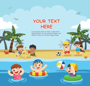 Mutlu çocuklar oynamak ve plajda yüzmek. Reklam broşürü için şablon.