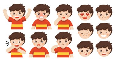 Çok güzel çocuk yüz duygular kümesi. Çocuk yüz farklı ifadeleri ile. Okul portre avatarları. Çeşitli duygular genç adam.