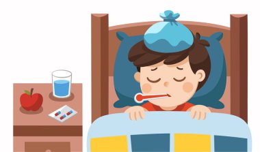 Sick cute boy sleep in bed with a thermometer in mouth and feel so bad with fever. clipart