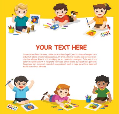 Okula dönüş. Sanat çocuklar. Sevimli çocuklar eğlenmek ve birlikte resim almak için hazır. Reklam broşür şablonu. Çocuklar ilgi ile aramak.