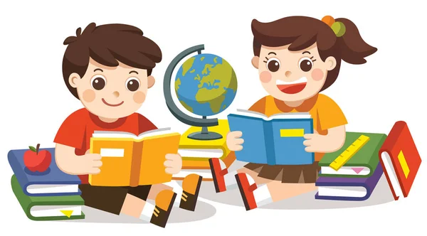 Vektor Terisolasi Dua Anak Kecil Memegang Buku Terbuka Dan Membaca - Stok Vektor