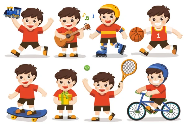 孤立的向量 一个孩子的活动集 一个可爱的男孩玩玩具 打篮球 自行车 溜冰等运动 玩吉他和唱歌愉快 持有当前 — 图库矢量图片