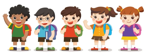 Isolated Vector Back School Cute Kids School Set Diverse Kids — Stock Vector