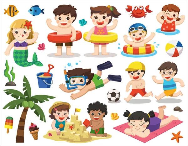 Set Vector Design Element Summer Season Happy Kids Playing Beach — Stock Vector