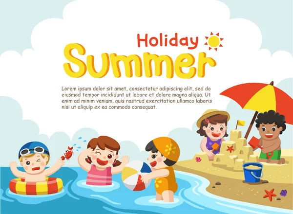 Happy Kids Play Swim Beach Template Advertising Brochure — Stock Vector