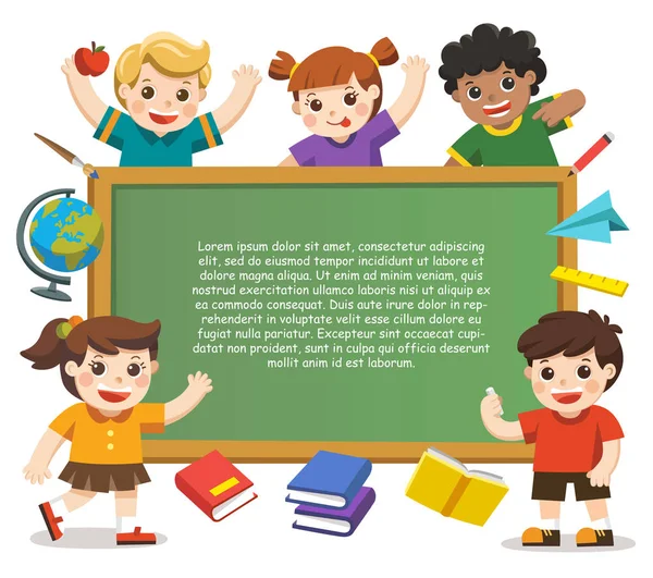 Volta Escola Crianças Felizes Segurando Cartaz Branco Modelo Para Brochura — Vetor de Stock