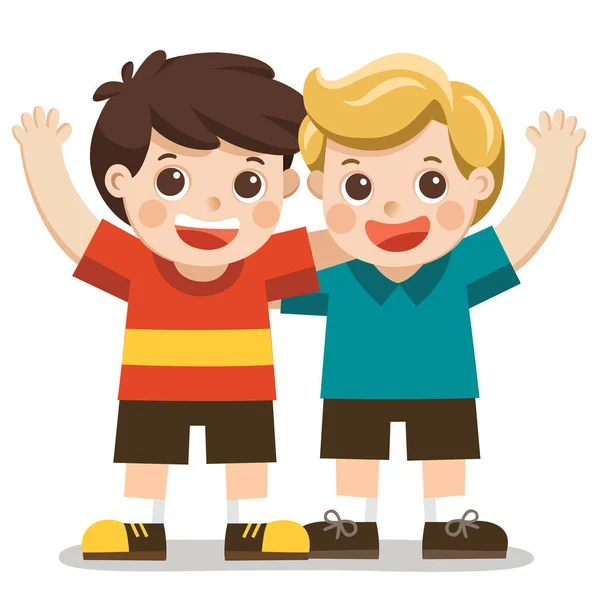 Two Boys Smile Hugging Waving Hands Happy Kids Best Friends — Stock Vector