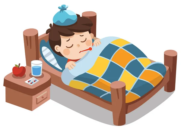 Sick Cute Boy Sleep Bed Thermometer Mouth Feel Bad Fever — Stock Vector