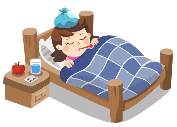 Enfermo Linda Chica Dormir Cama Con Termómetro Boca Sentirse Tan — Vector de stock