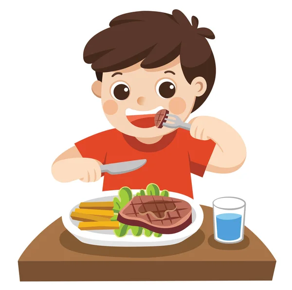 Cute Boy Eating Steak Vegetables Lunch — Stock Vector