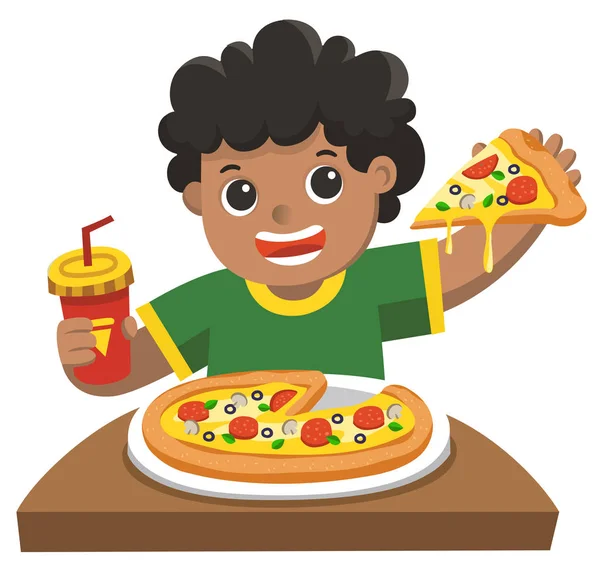 Симпатичный Мальчик Ест Большой Кусок Пиццы — стоковый вектор