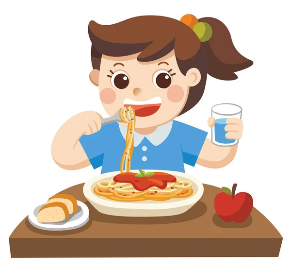 Una Niña Feliz Comer Espaguetis Con Tenedor Plato — Archivo Imágenes Vectoriales