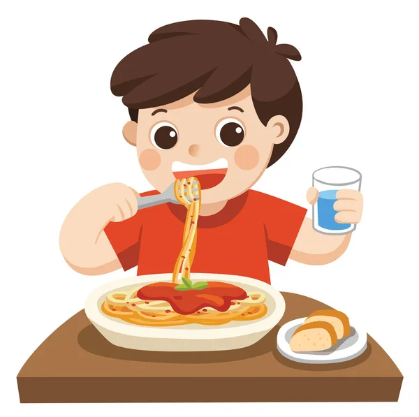 Seorang Anak Kecil Senang Makan Spaghetti Dengan Fork Plate - Stok Vektor