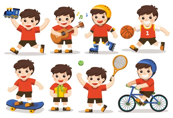 Conjunto Actividades Niño Niño Lindo Jugando Con Juguetes Practicar Deporte — Vector de stock