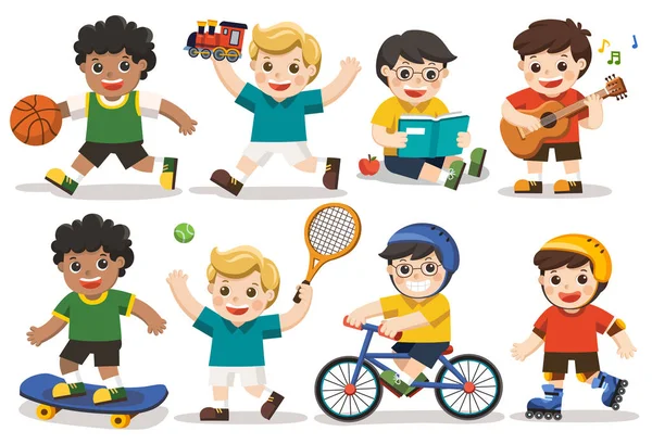Conjunto Actividades Crianças Rapaz Brincar Com Brinquedos Jogando Esporte Incluindo —  Vetores de Stock