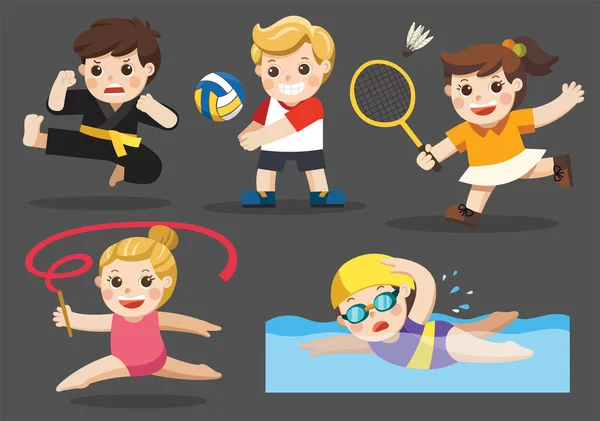 Sports Équipe Pour Enfants Incluant Gymnastique Volley Ball Natation Badminton — Image vectorielle