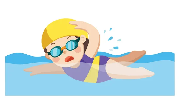 Cheerful Active Little Girl Swimming Happy Swimming Pool — Stock Vector