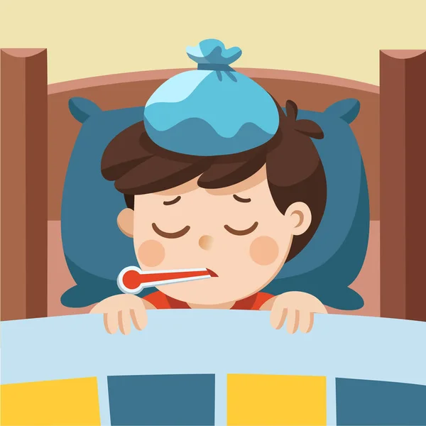 Niño Lindo Enfermo Dormir Cama Con Termómetro Boca Sentirse Tan — Vector de stock