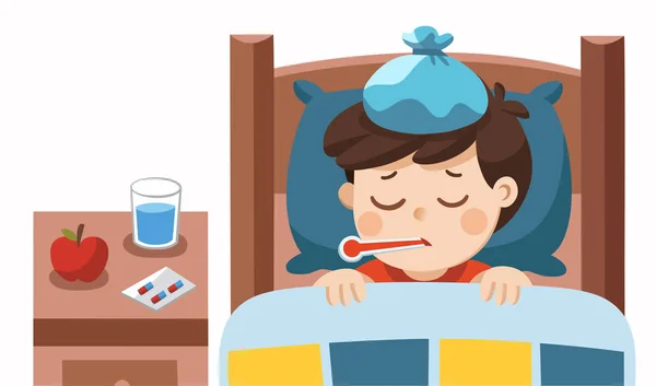 生病的可爱的男孩睡在床上的温度计在嘴里 感到如此糟糕的发烧 — 图库矢量图片