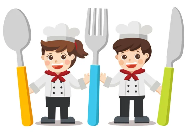 Menú Chef Kids Niños Con Cuchillo Cuchara Tenedor — Archivo Imágenes Vectoriales