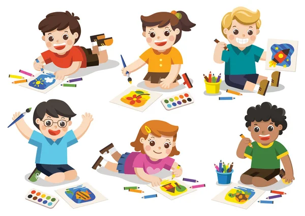 Zpátky Školy Šťastné Děti Kreslit Obrázky Tužky Barvy Podlahu Izolované — Stockový vektor