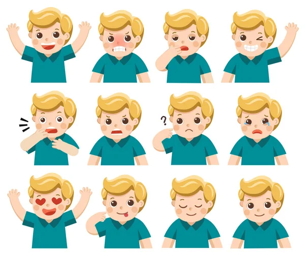 Isolated Vector Set Adorable Boy Facial Emotions Boy Face Different — Stock Vector