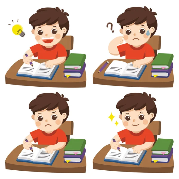 Daily Day Boy Student Doing Homework Set Different Kid Pose — Stock Vector