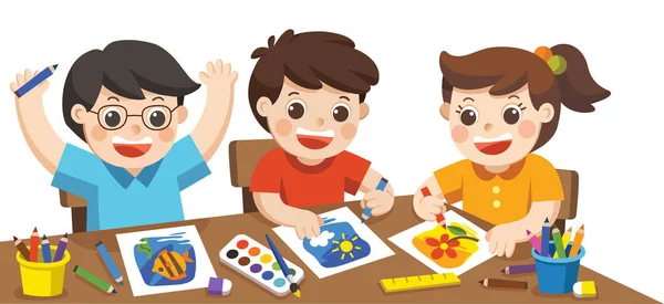 Torniamo Scuola Bambini Creativi Felici Che Giocano Dipingono Disegnano Classe — Vettoriale Stock