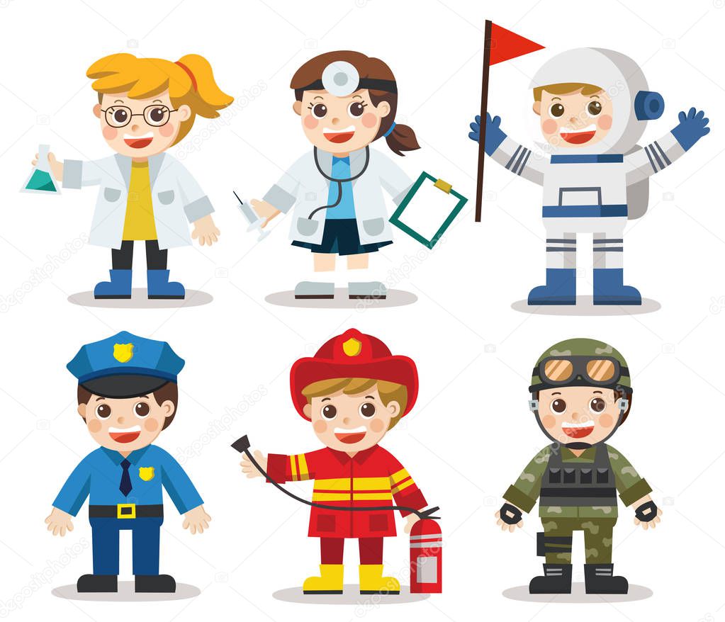 Kid Set of different professions. Doctor, Scientist, Soldier, Astronaut, Police, Fireman. Vector illustration in a flat style