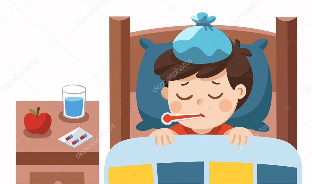 Sick cute boy sleep in bed with a thermometer in mouth and feel so bad with fever.