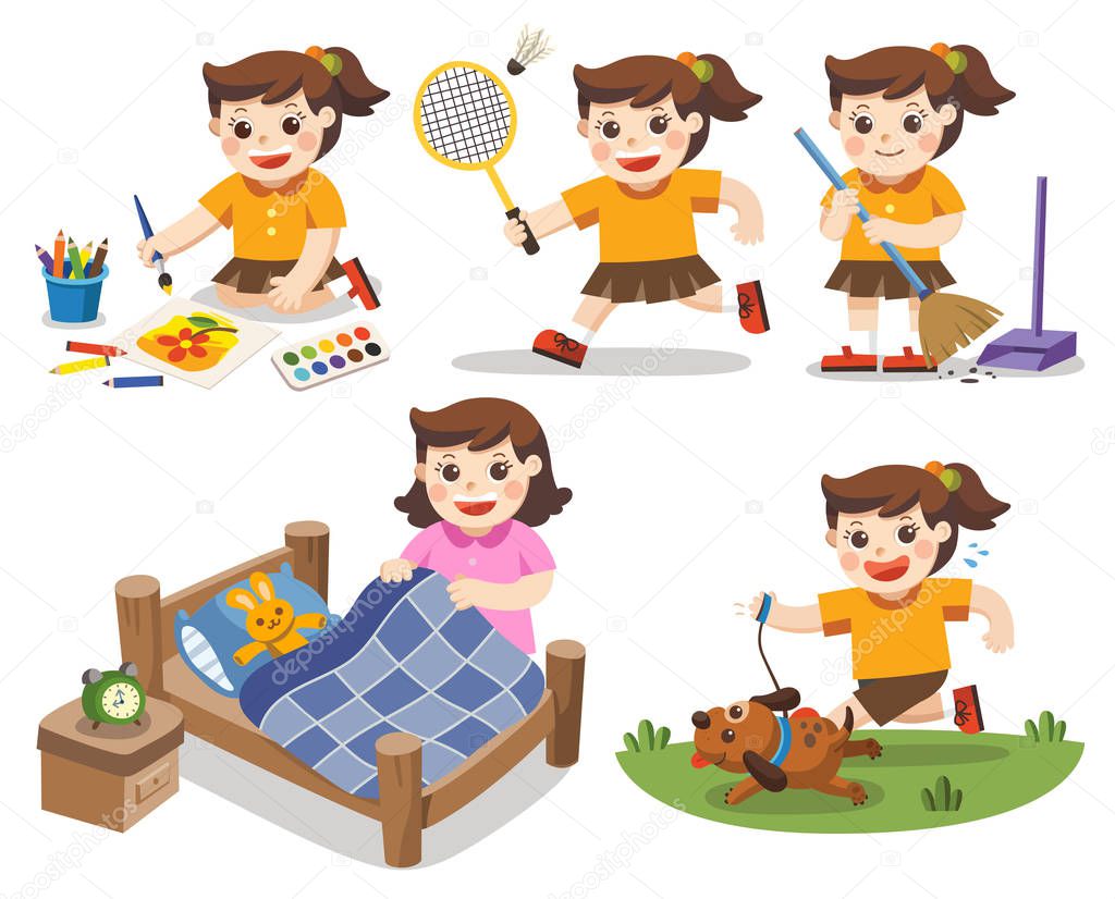 The daily routine of A cute girl on a white background.Isolated vector.