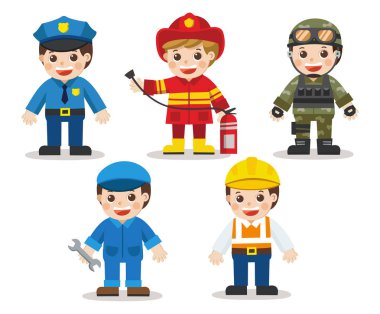 Çocuk farklı meslekleri ayarlayın. Doktor, makinist, asker, mühendis, polis, itfaiyeci. Düz bir stil vektör çizim
