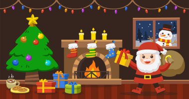 Noel Baba hediyeleri Noel için olan torba dekore oturma odasında kış tatil getir. Mutlu Noeller ve mutlu yeni yıl. 