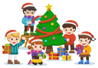 Mutlu yeni yıl ve mutlu Noeller sevimli çocuklar, kardan adam ve Noel ağacı. Bir Noel ağacı süsleme çocuklar. Kış tatili. Mutlu arkadaş birlikte. vektör çizim